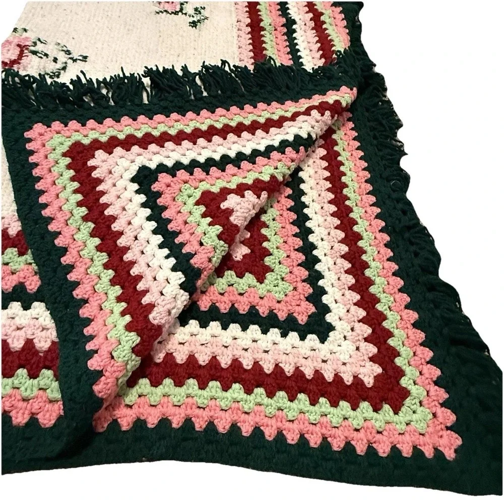 Vintage Handmade Crochet Afghan Blanket Floral Pink Green Fringe Throw 45x52